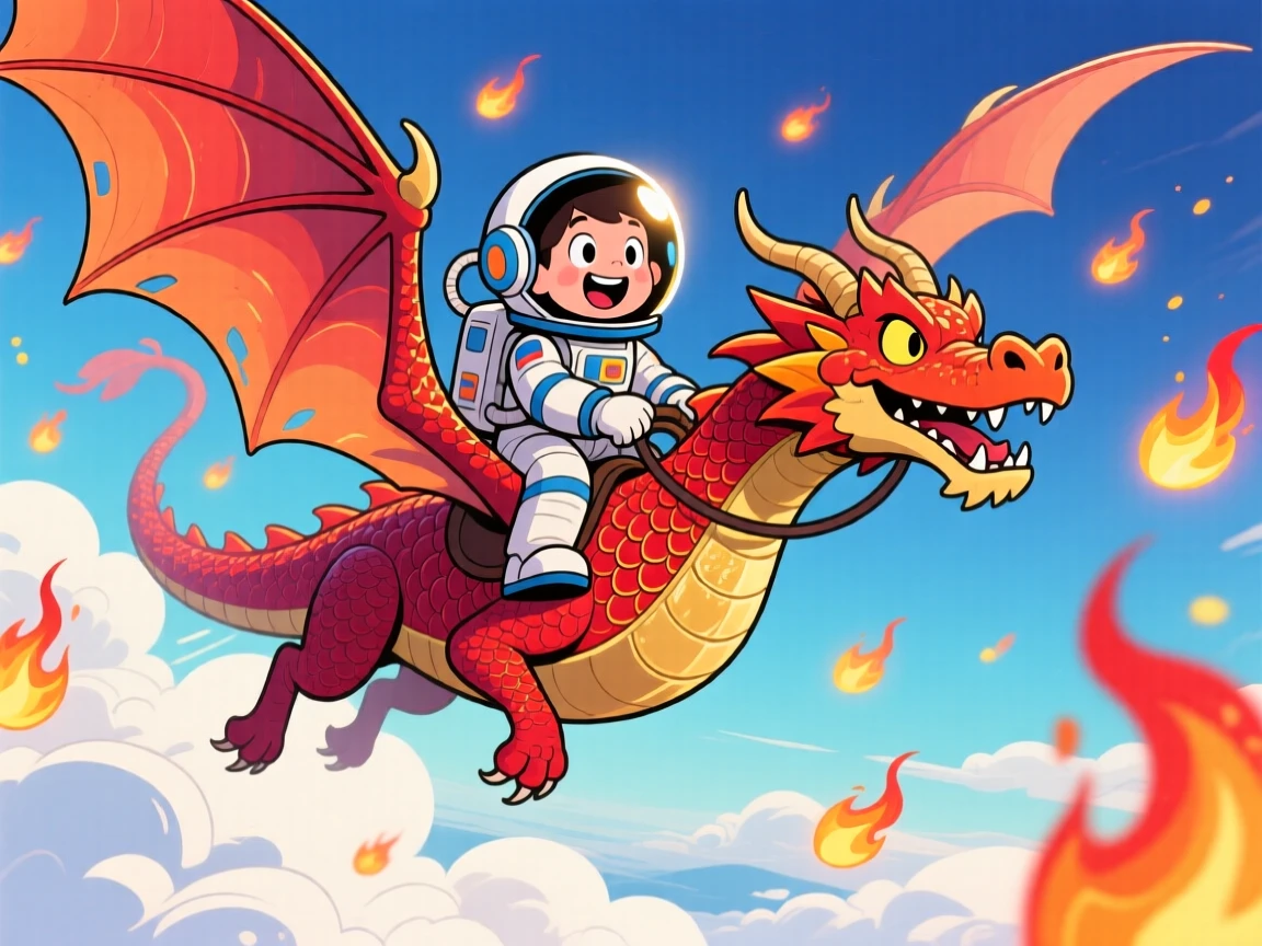 An imaginative fantasy scene of a young astronaut soaring above the clouds on the back of a magnificent dragon, surrounded by drifting glowing embers.