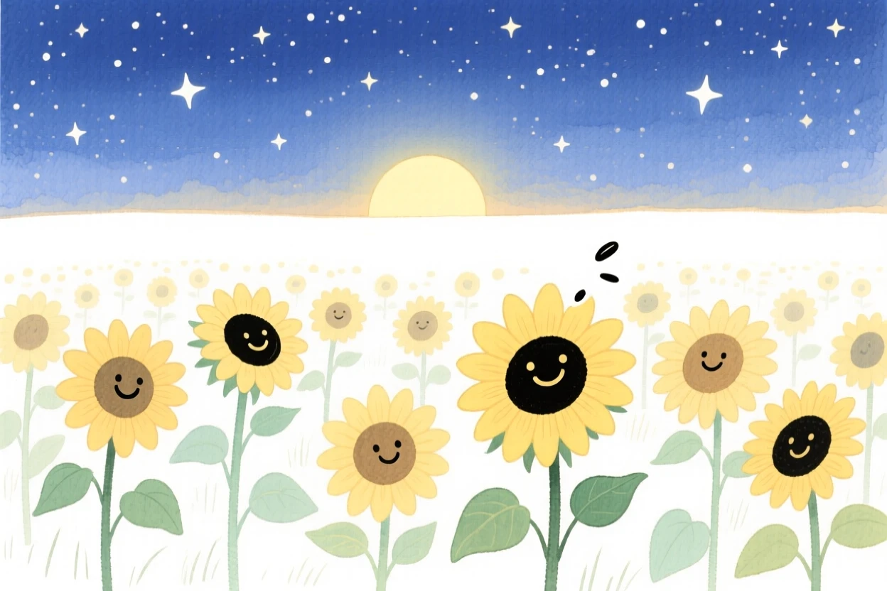 A serene landscape of a field of sunflowers turned toward the sun under a blanket of stars