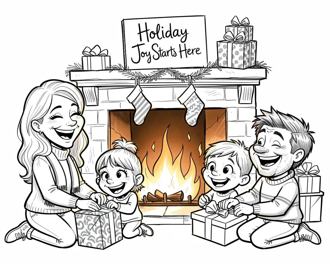 [Seasonal Holidays & Celebrations] Festive scene of a cheerful family wrapping presents by the fireplace, full of celebration and joy