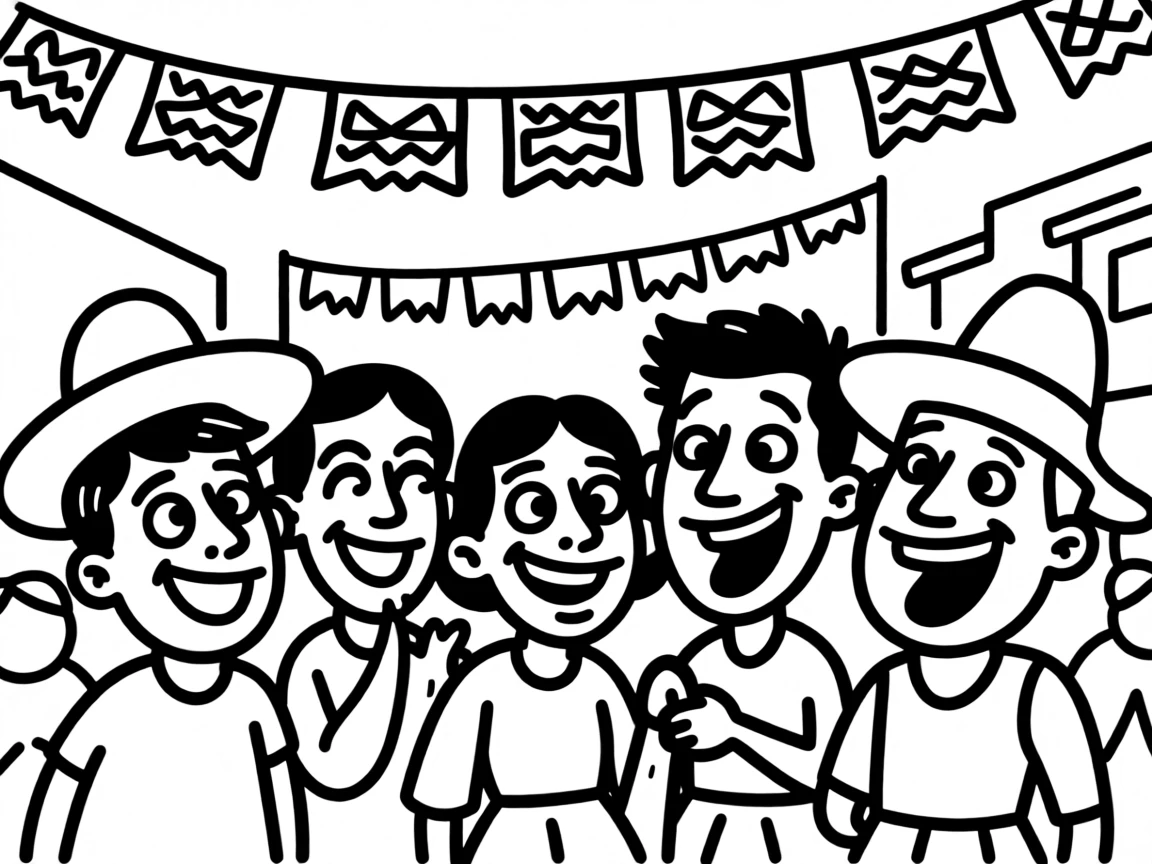 A Cinco de Mayo street festival with colorful papel picado banners strung overhead.