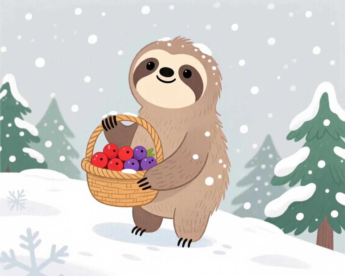A slow-moving sloth pauses from carrying a basket of berries to look up in a snow-covered hill, with the first snowflakes falling softly.