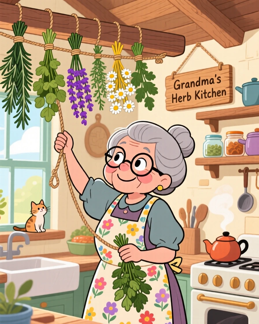 A grandmother hanging strings of drying herbs in a farmhouse kitchen.