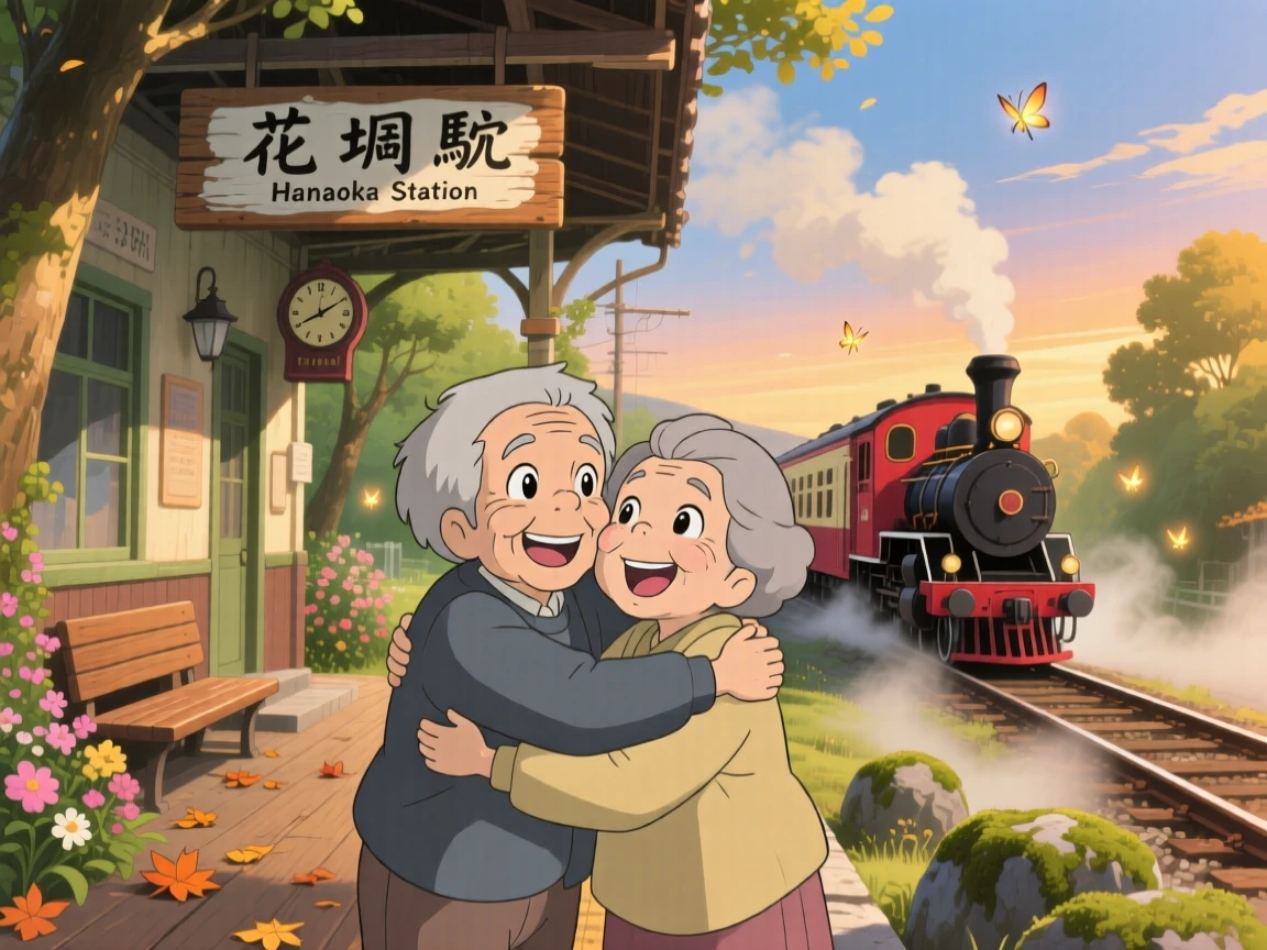 A tender moment of two old friends reuniting with an embrace at a train station, the scene deeply heartfelt.