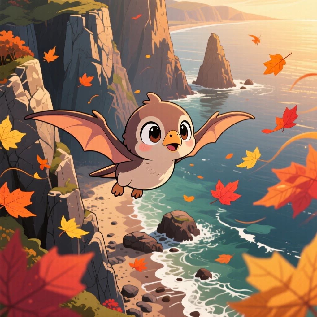 In a dramatic prehistoric coastline, a baby pterodactyl is learning to glide between rocky cliffs with autumn leaves swirling around, bathed in warm lamplight, expression full of wide-eyed wonder. Shot as a bird's-eye view.