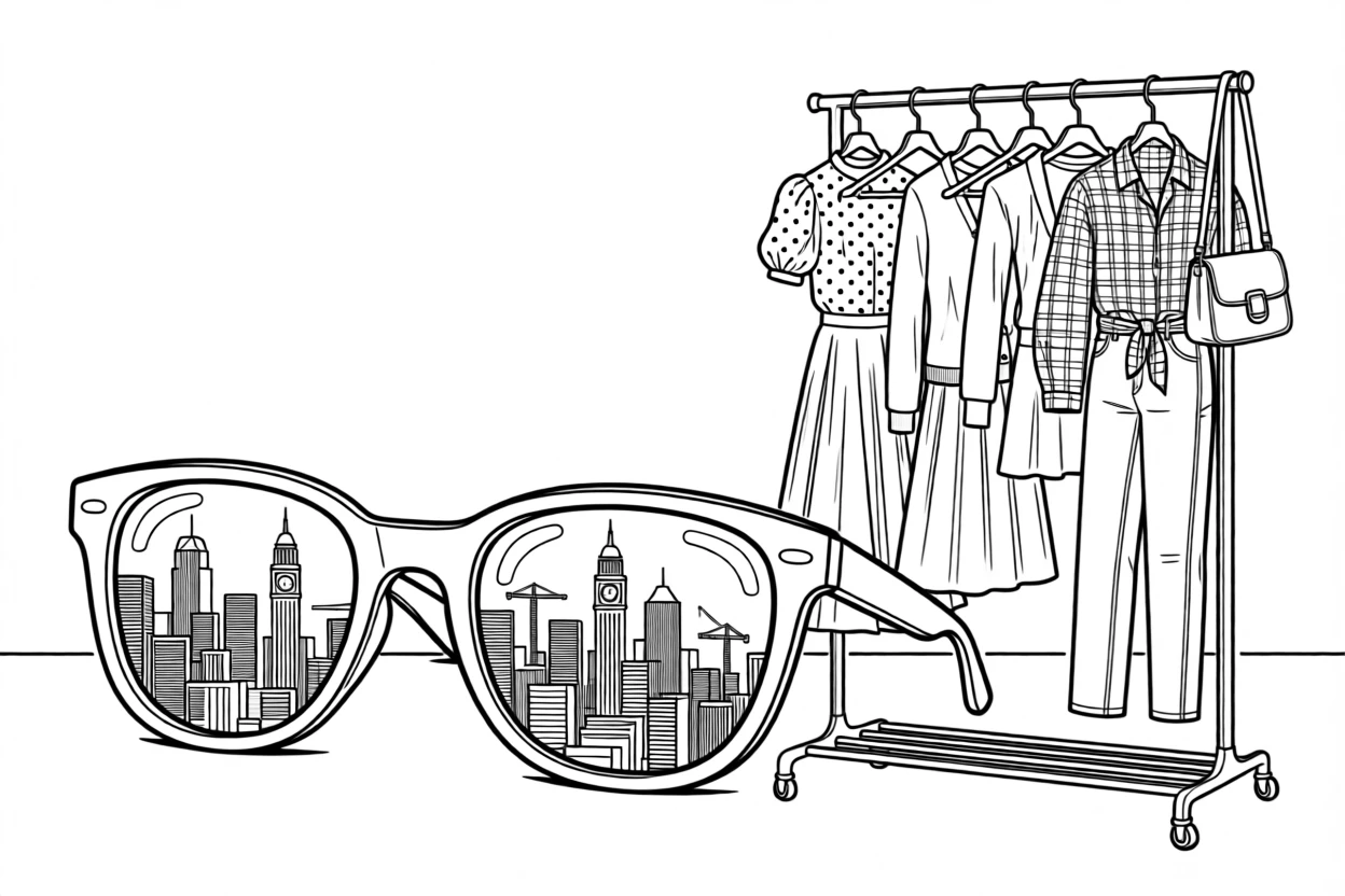A pair of sunglasses reflecting a city skyline, styled beside a rack of vintage clothing.
