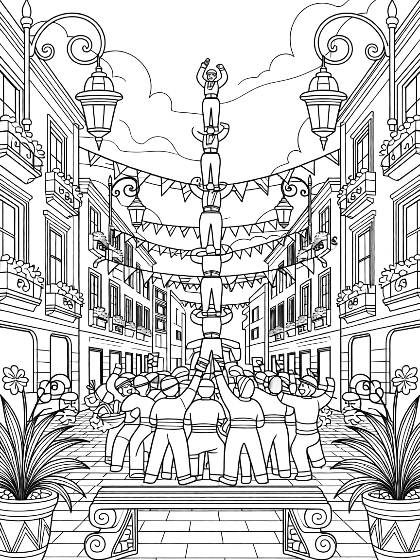 A human tower festival scene in a town square.
