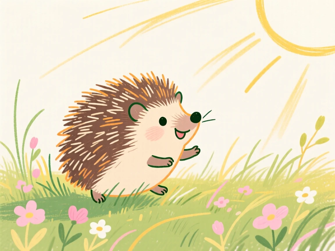 A small hedgehog playing in a sunlit meadow in early spring.