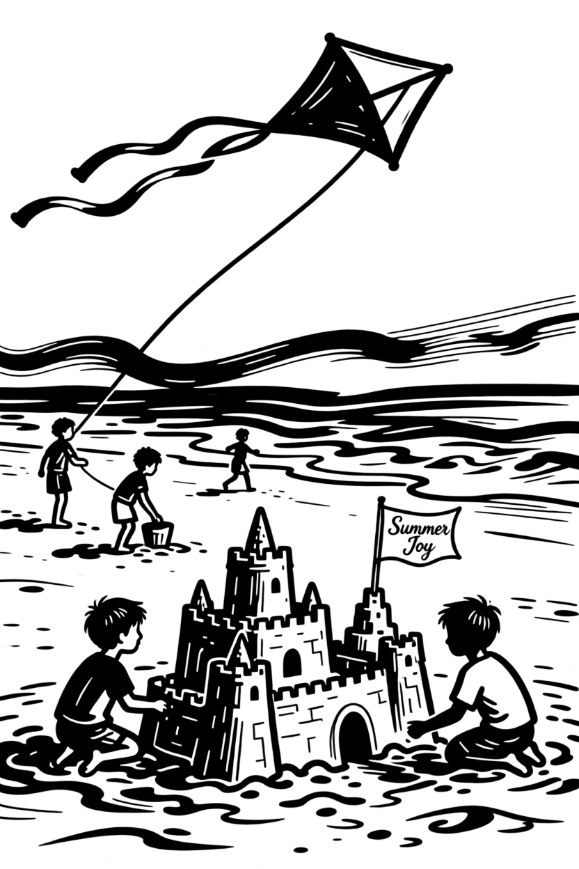 A summer beach scene with kids building sandcastles and flying kites.
