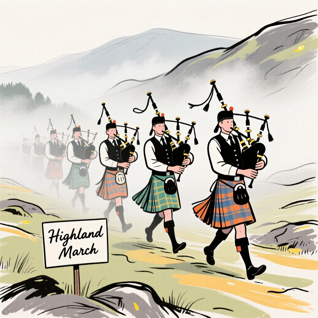 A group of bagpipers marching through a misty Scottish highland.