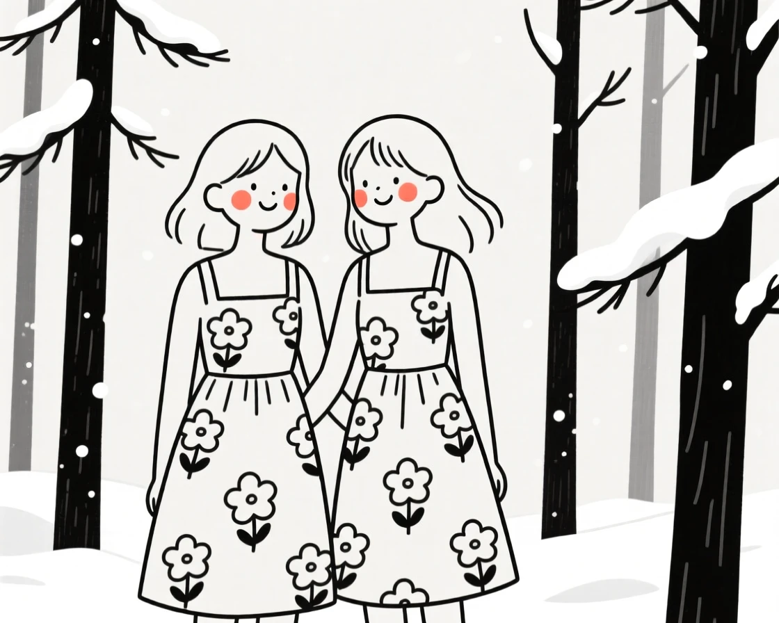 Two best friends in a floral summer dress, in a snow-covered pine forest.