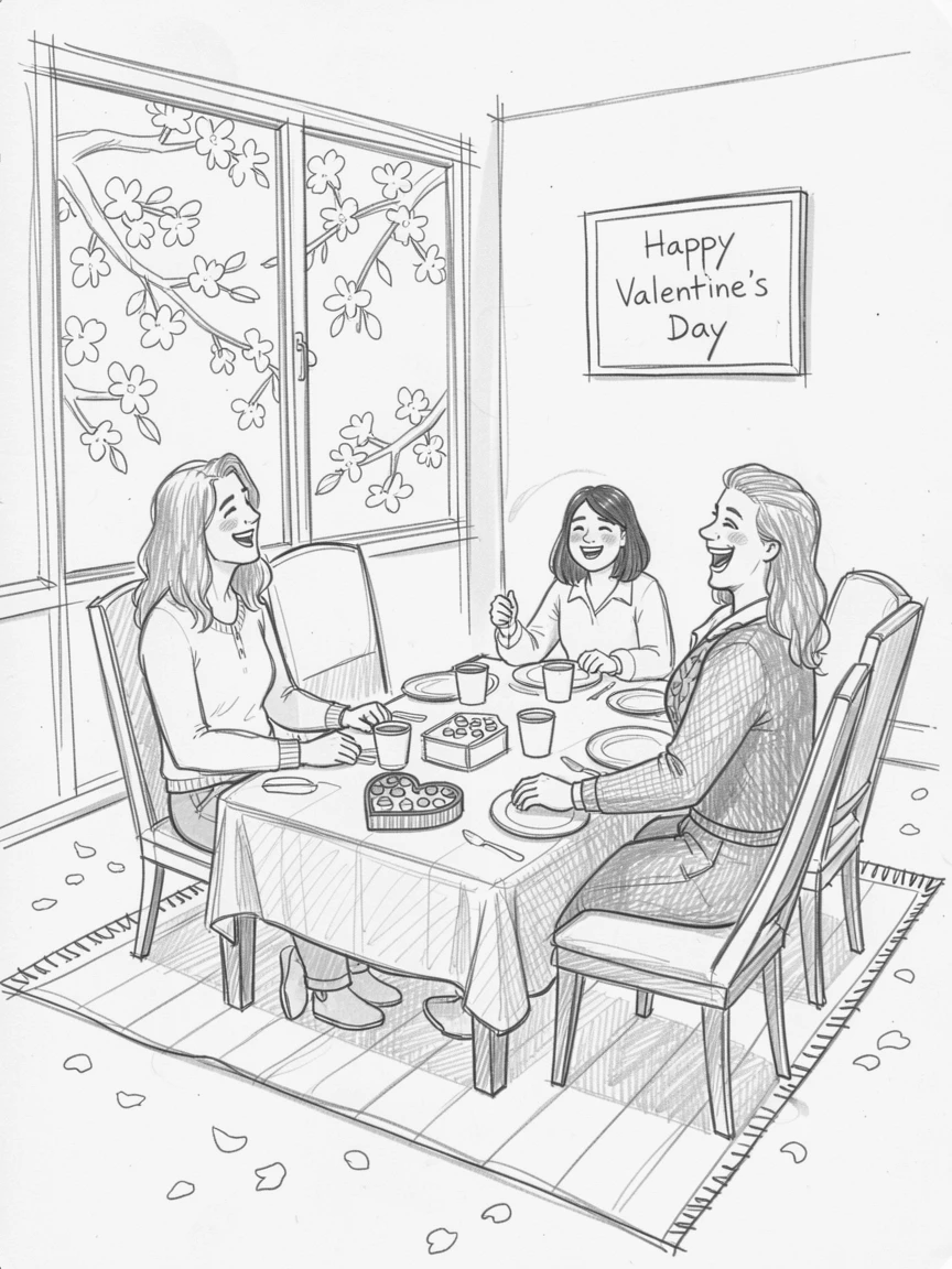 A joyful holiday moment: a Valentine's Day picnic under blossoming trees in a beautifully set dining room, with laughter and joy filling the scene.
