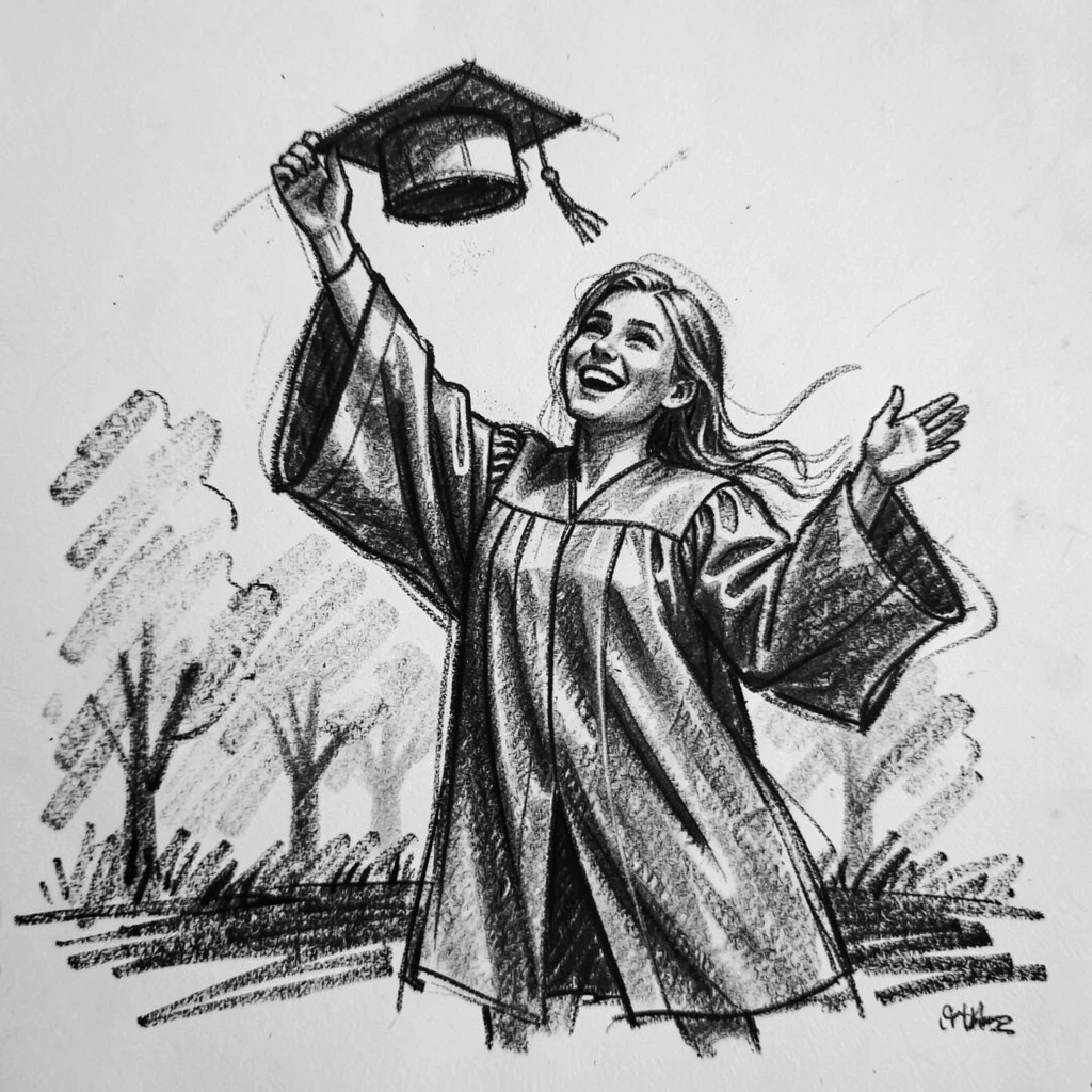 A graduate throwing their cap into the air in celebration, with a light breeze stirring the surroundings.