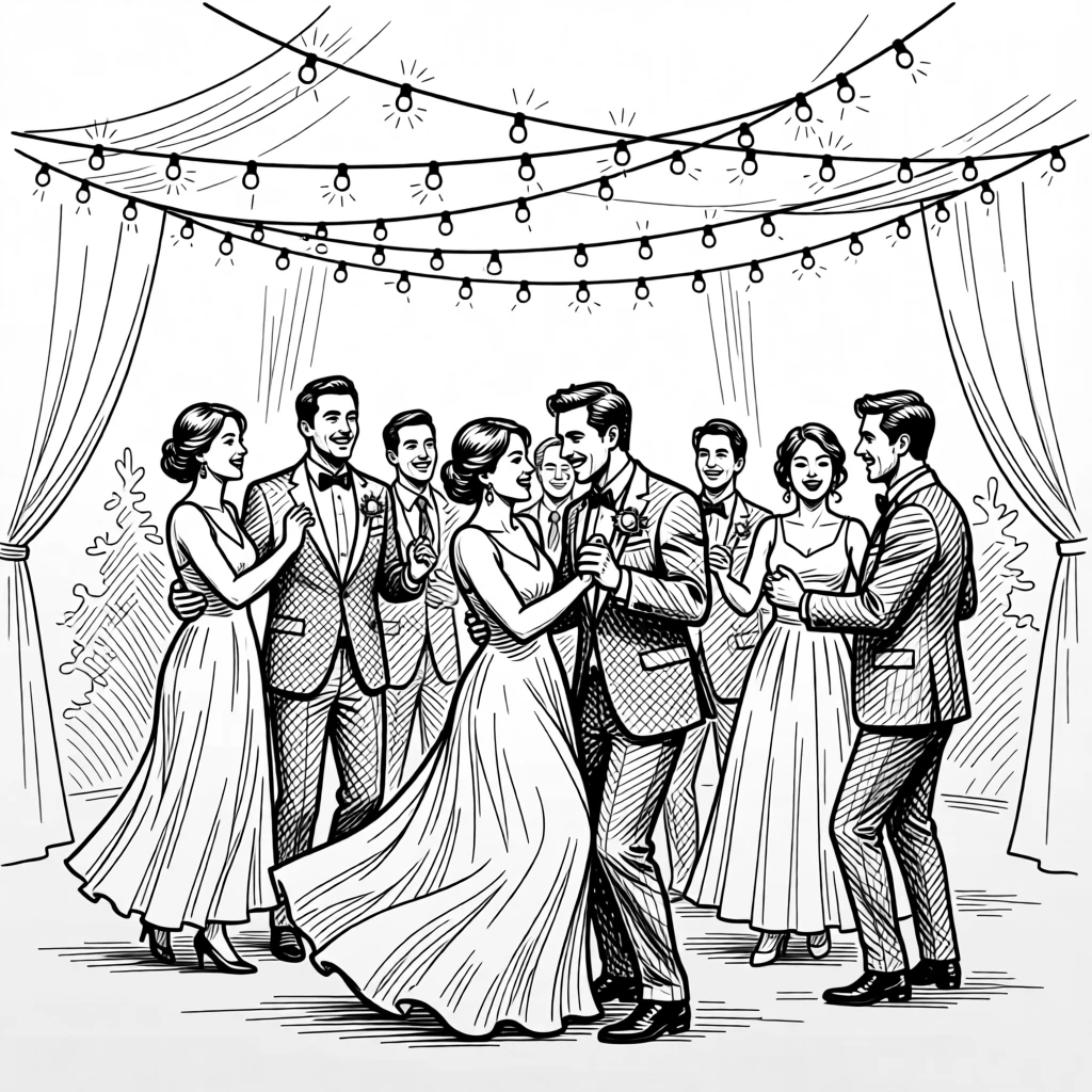 A joyful wedding celebration with guests dancing beneath a canopy of string lights.