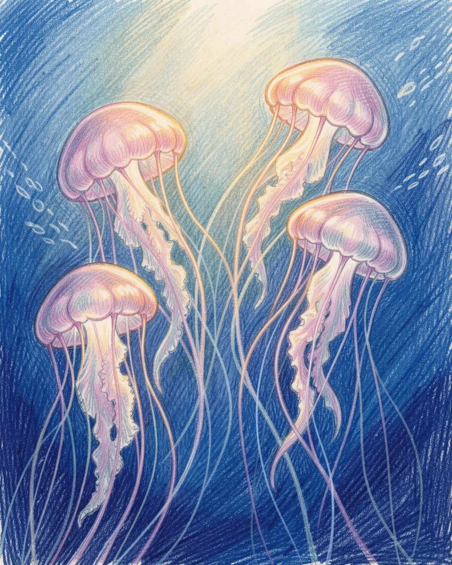 A cluster of jellyfish glowing softly in the deep blue ocean, bathed in the warm glow of golden-hour light, perfect for anyone drawn to gentle, heartfelt imagery.