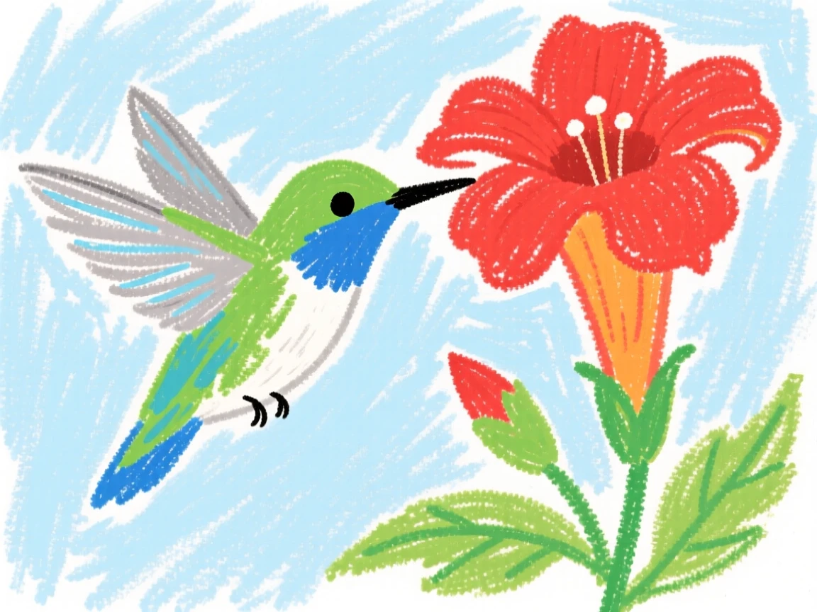 A hummingbird hovering beside a bright red trumpet flower.