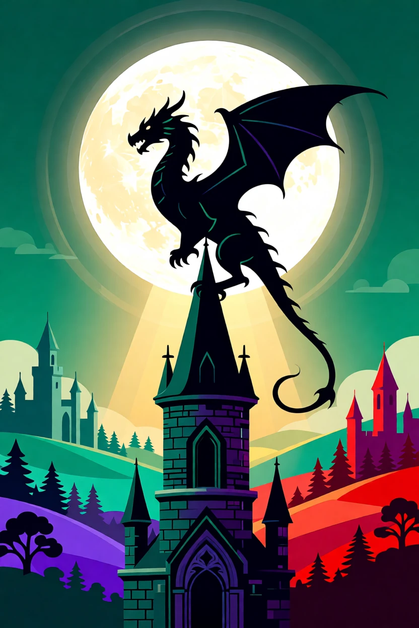A dragon perched atop a castle spire silhouetted against a full moon, set within a mystical kingdom shrouded in soft golden light, arranged with soft glowing light radiating from the center, with rich jewel tones that evoke wonder and imagination.