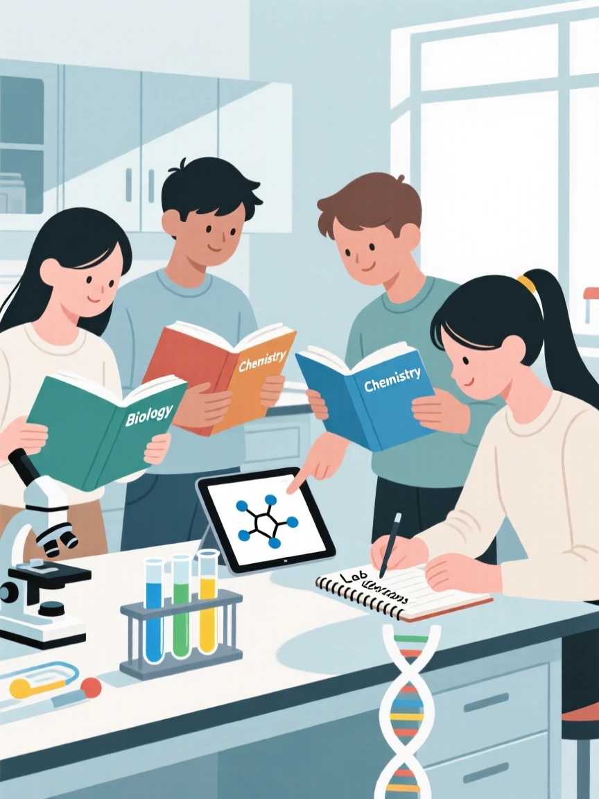 A group of students reading together in a science lab.