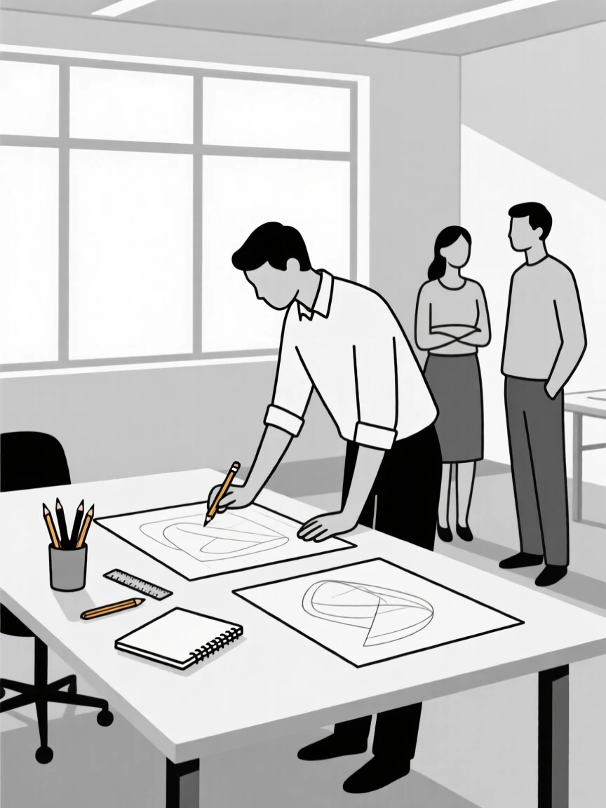 A designer at a drafting table collaborating with colleagues in a bright open office, near art supplies and sketches, full of quiet dedication.