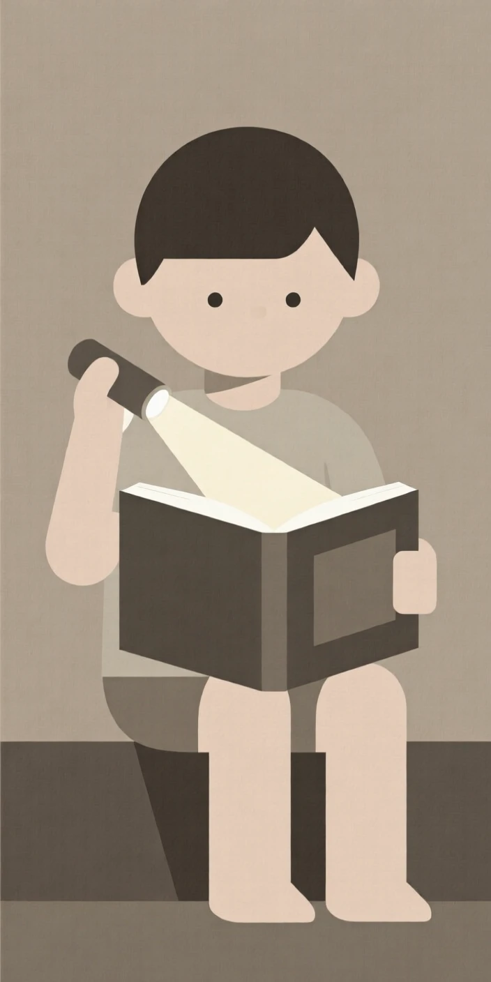 A child reading a picture book with a flashlight