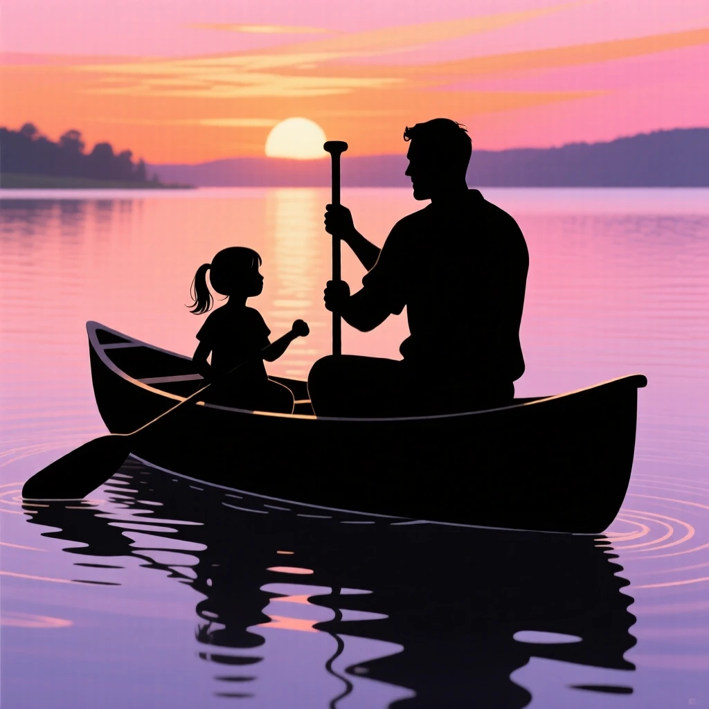 A father teaching his daughter to paddle a canoe on a calm lake.