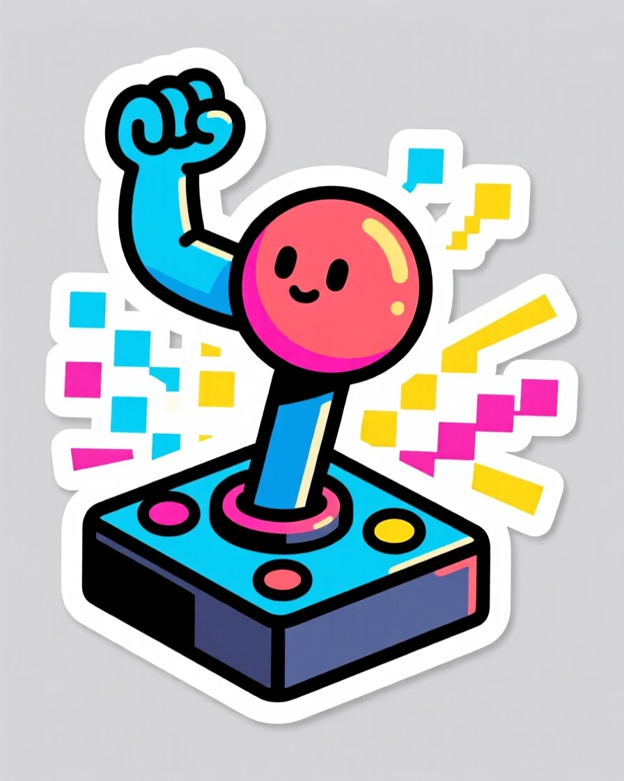 A brightly stylized arcade-style joystick surrounded by glowing pixels, striking a confident heroic pose, during a thrilling made-up quest.