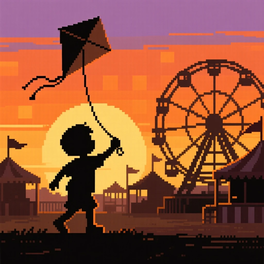 A child flying a kite framed by a glowing orange sunset, at a small-town fair with a ferris wheel.