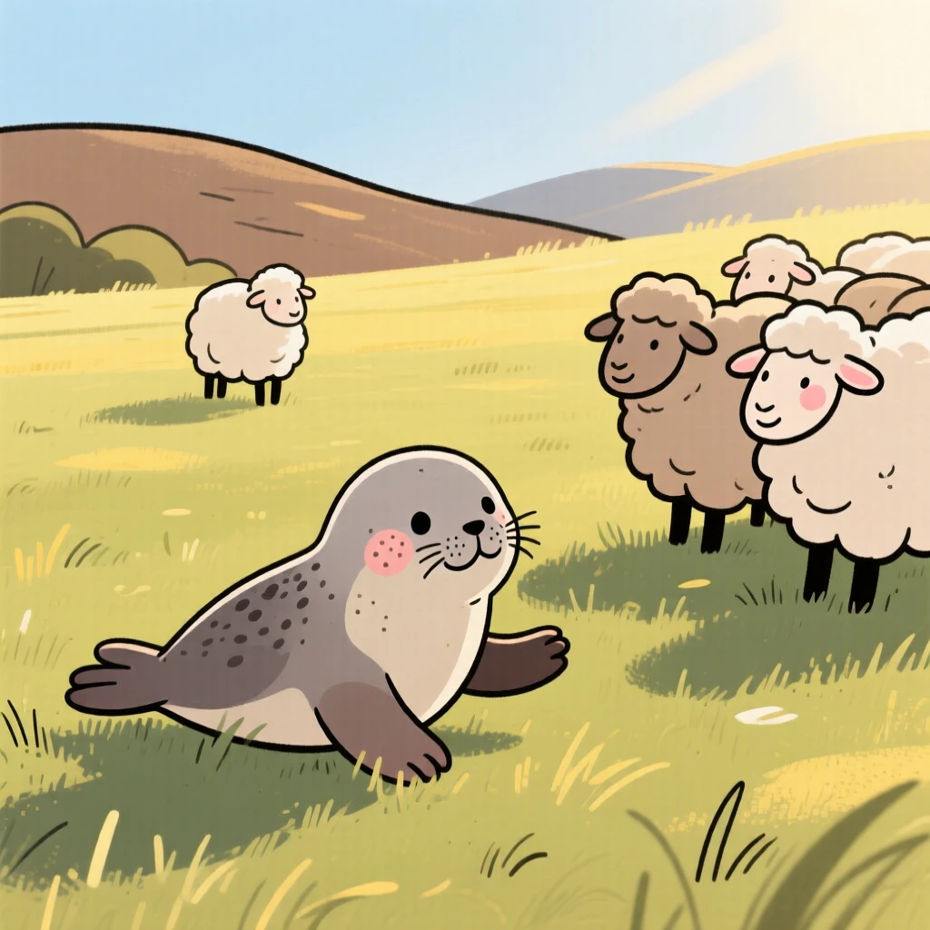 A small seal pup explores a sunlit pasture for the first time, stretching its wings while a nearby flock watches with gentle patience.