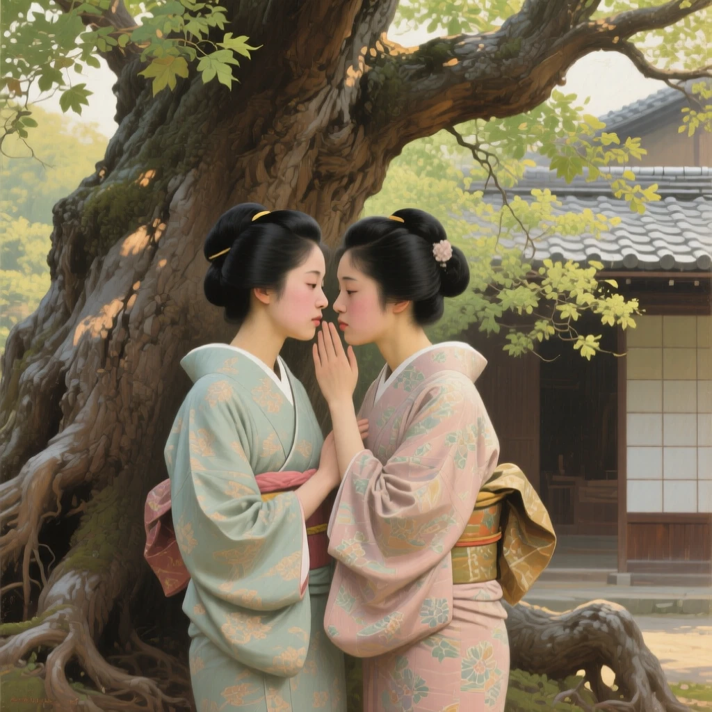 A detailed close shot of twin sisters sharing secrets under a large oak tree, in old Kyoto, in late spring.