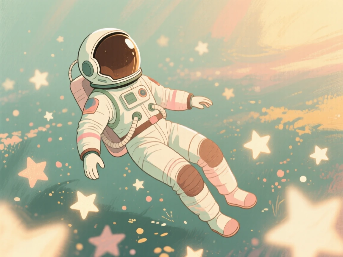 A retro spaceman floating gently among a field of stars