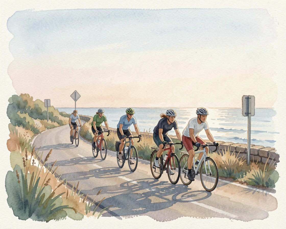 A group of cyclists riding along a coastal road with focused, peaceful concentration.