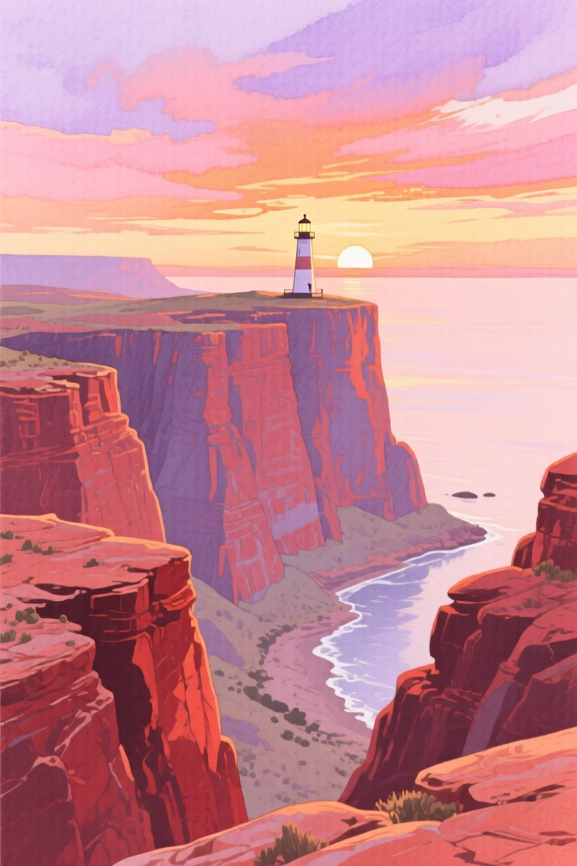 A breathtaking view of a canyon of red rock as the sun sets in brilliant colors, with a distant lighthouse visible on the shore