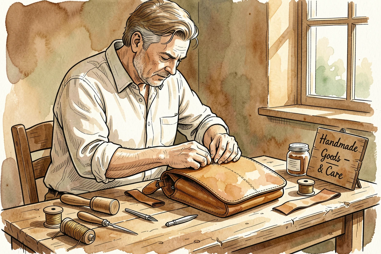 A leatherworker stitching a handmade satchel at a rustic workbench, warm natural light illuminating the workspace.