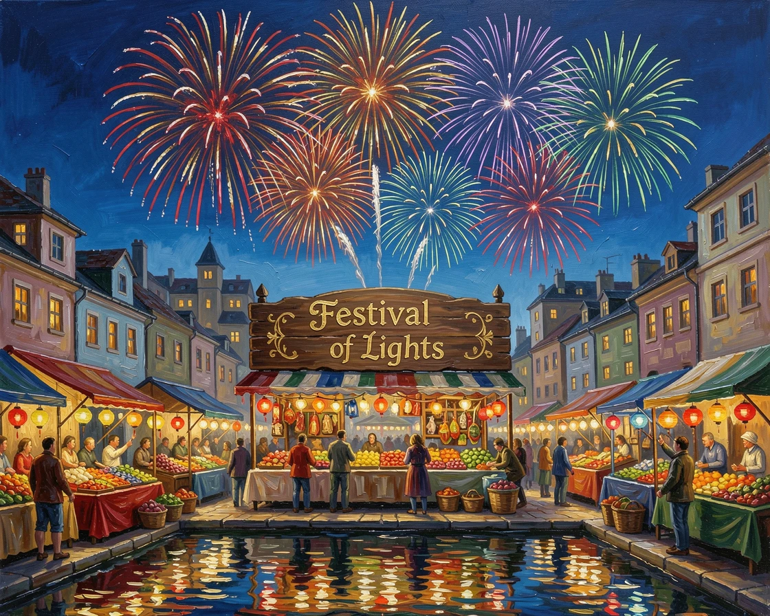In a town square filled with festive stalls, a fireworks display bursting above a city skyline, fireworks reflecting off the water below, under a clear night sky filled with bursts of color.