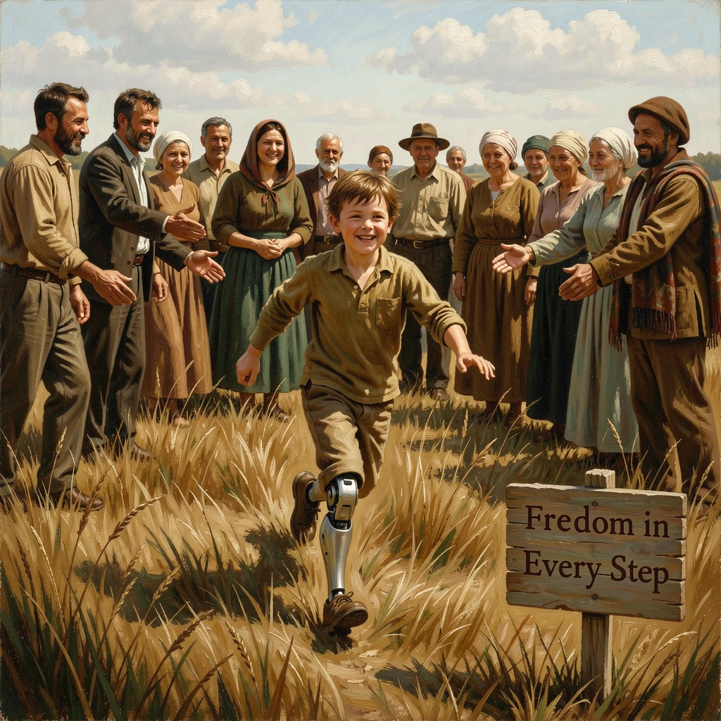 A child with a prosthetic leg running freely across a sunlit field, with the surrounding crowd or community sharing in the emotion, evoking deep emotion and a profound sense of shared humanity