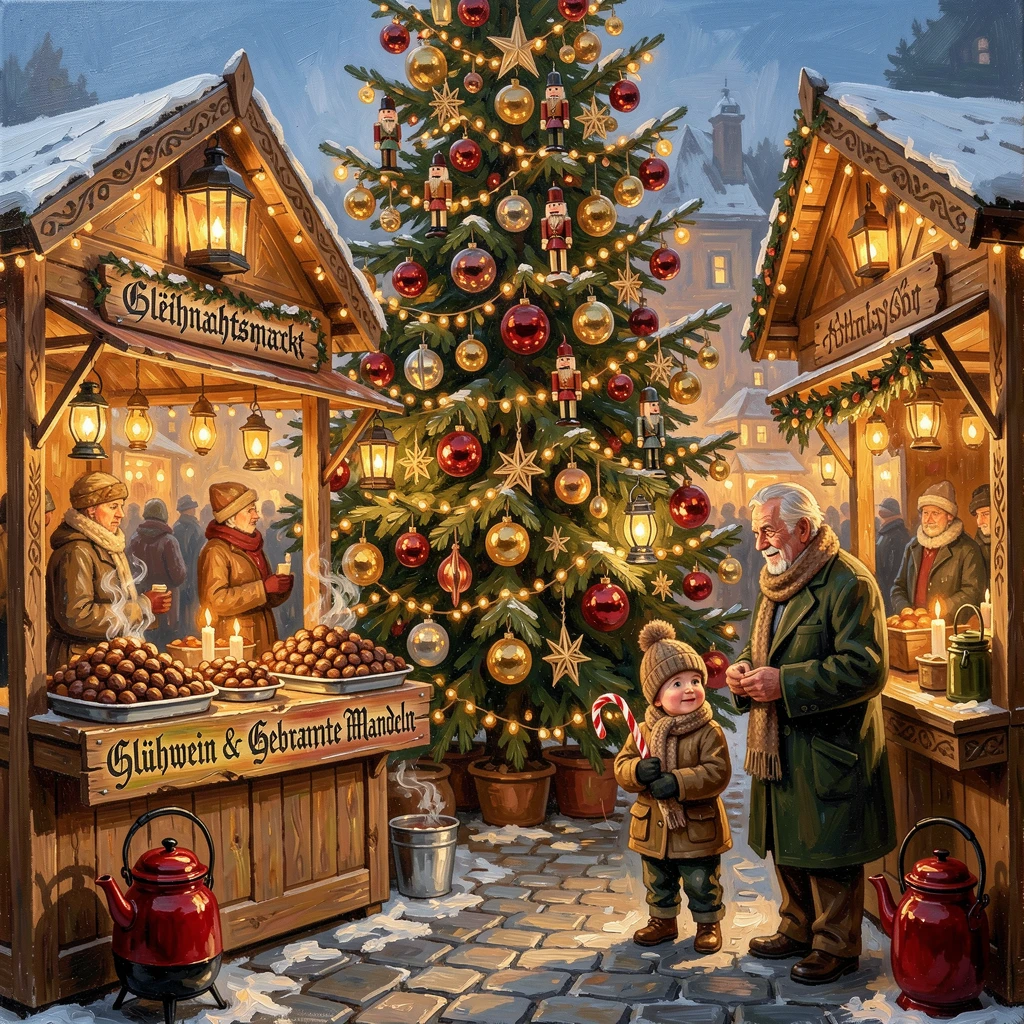 A traditional German Christmas market glows warmly with wooden stalls selling ornaments and roasted chestnuts beneath a towering decorated tree, small cultural details woven throughout the scene, grounding it in a specific time and place.