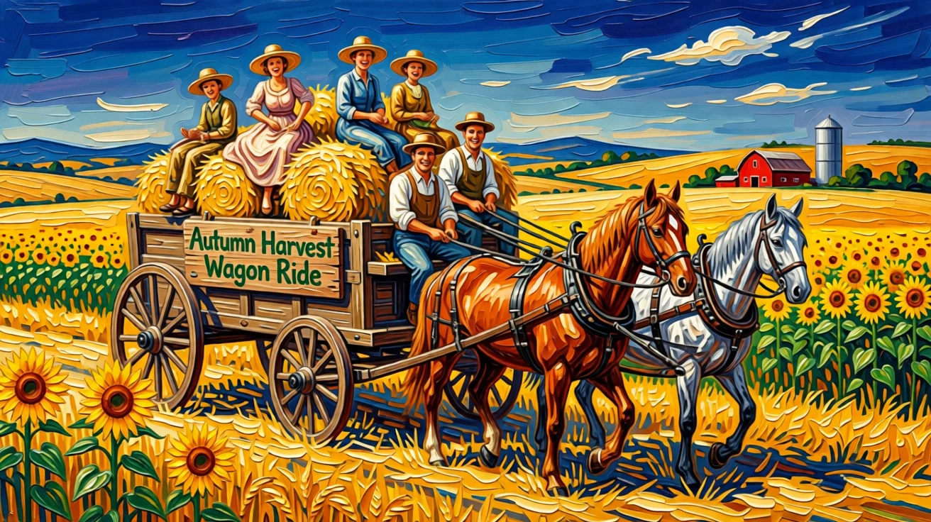 A hay wagon ride through a golden countryside at the height of harvest season