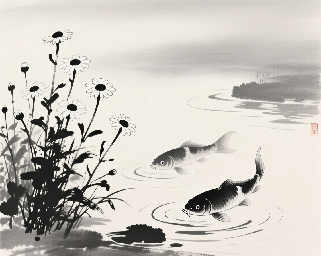 A patch of wild daisies beside a tranquil koi pond, set against a soft gradient of misty background, evoking quiet elegance and simple grace.