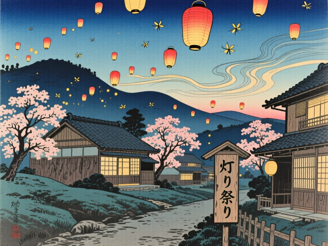 A village of glowing lanterns drifting skyward, surrounded by drifting fireflies.