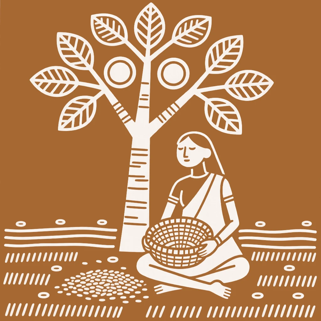 A woman winnowing grain resting under a tree after a long day in the field.