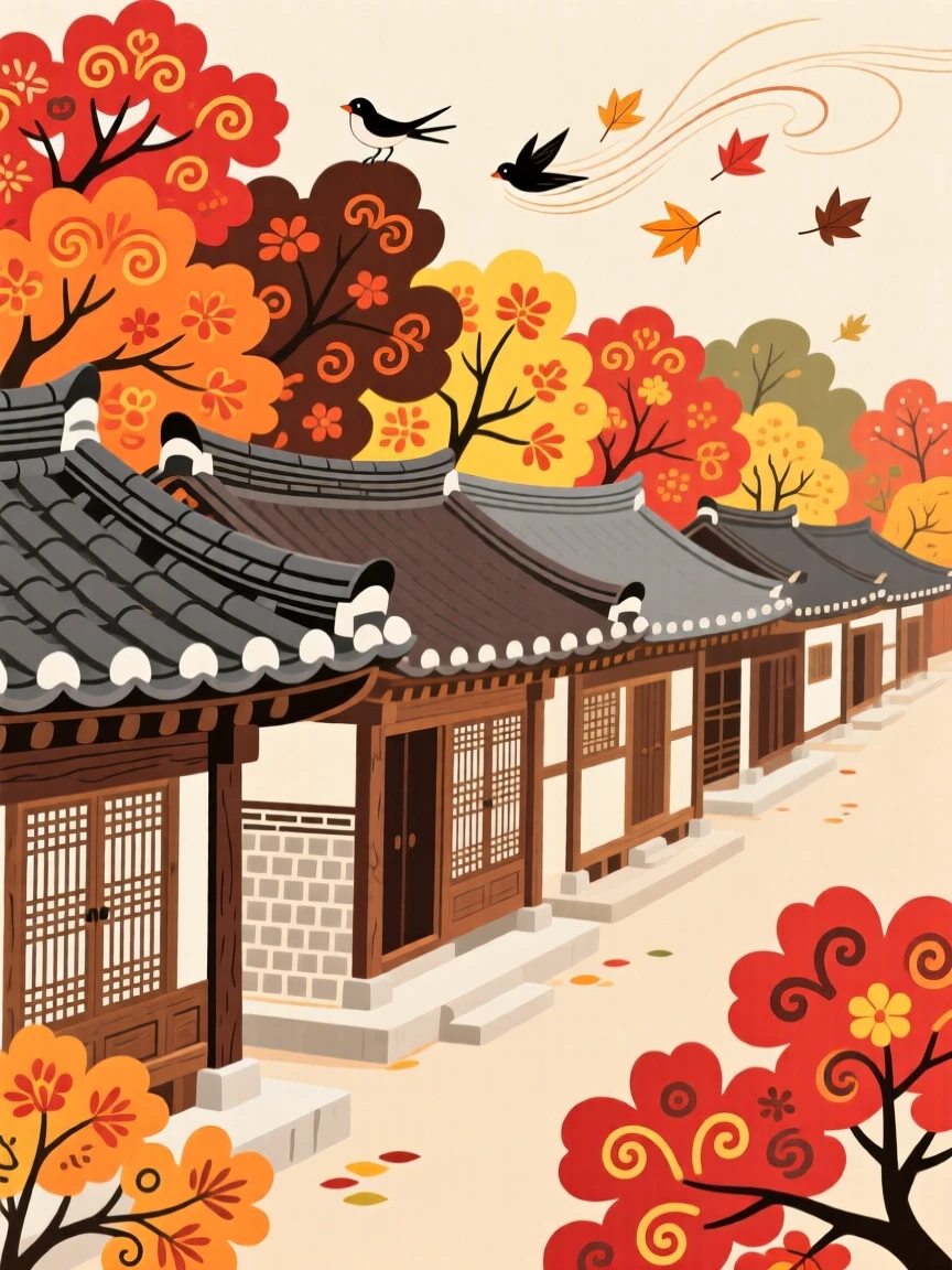 A row of traditional houses, surrounded by fiery autumn foliage.