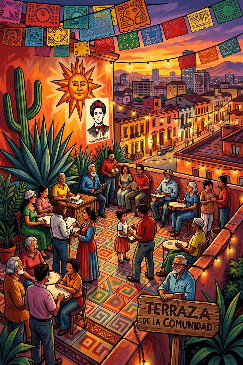 A rooftop terrace overlooking a city glowing with evening lights