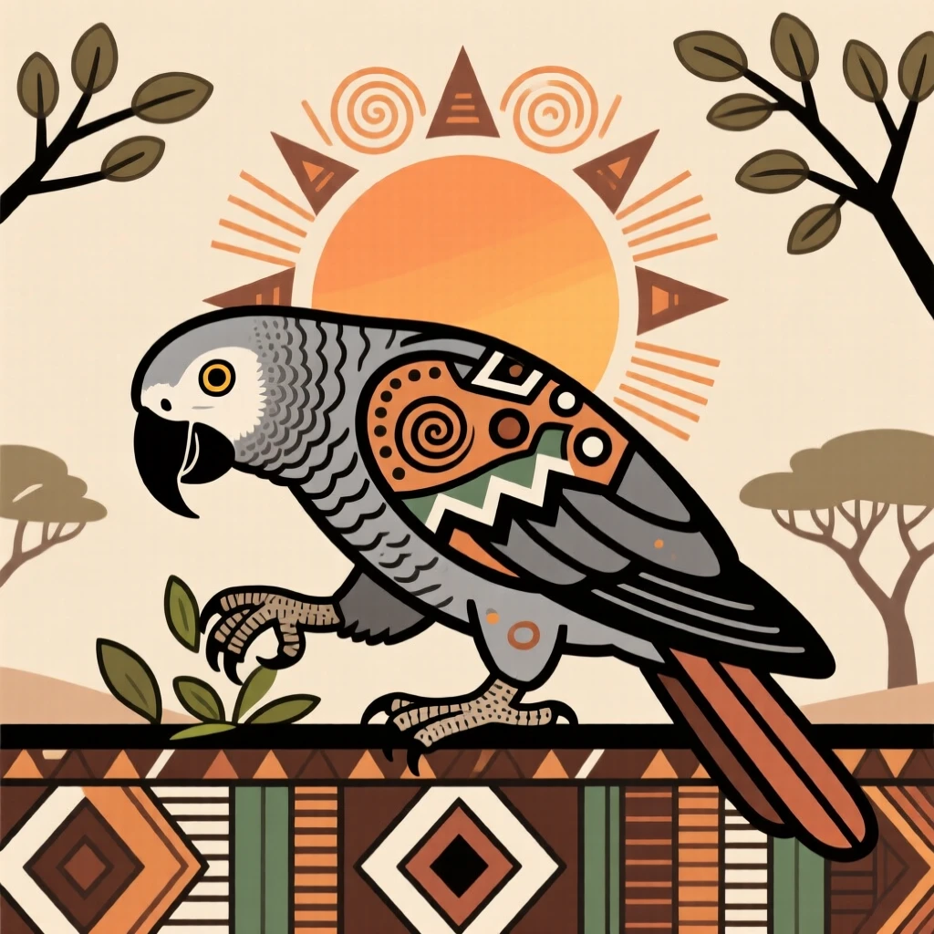 An African grey parrot grazing at sunrise.