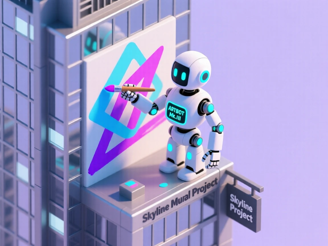 A robot artist painting a mural on a skyscraper using a precise mechanical arm and glowing paint.
