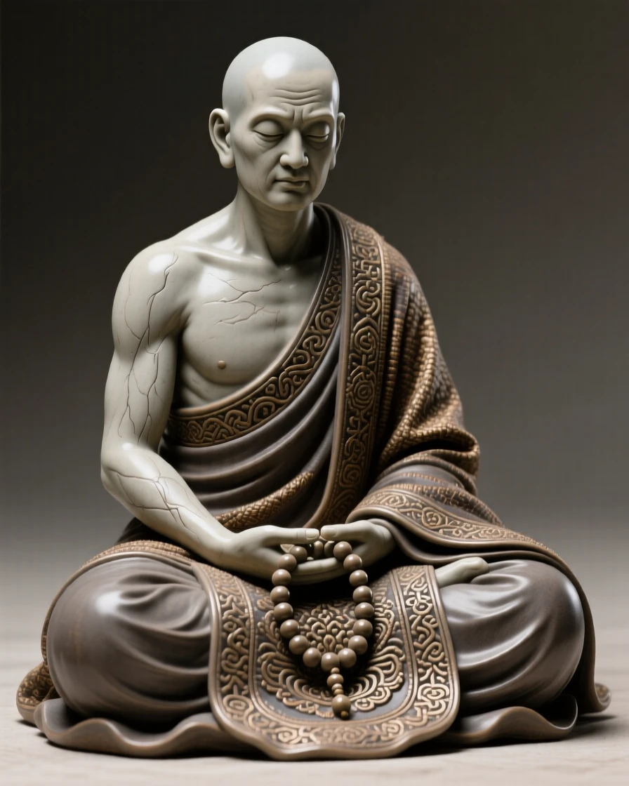 A warrior monk in quiet contemplation seated in quiet, contemplative repose, draped in richly embroidered ceremonial cloth, stirring a sense of timeless heritage.