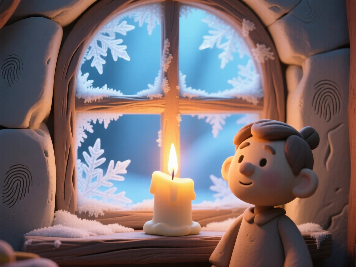A frost-covered window with a candle glowing softly behind it