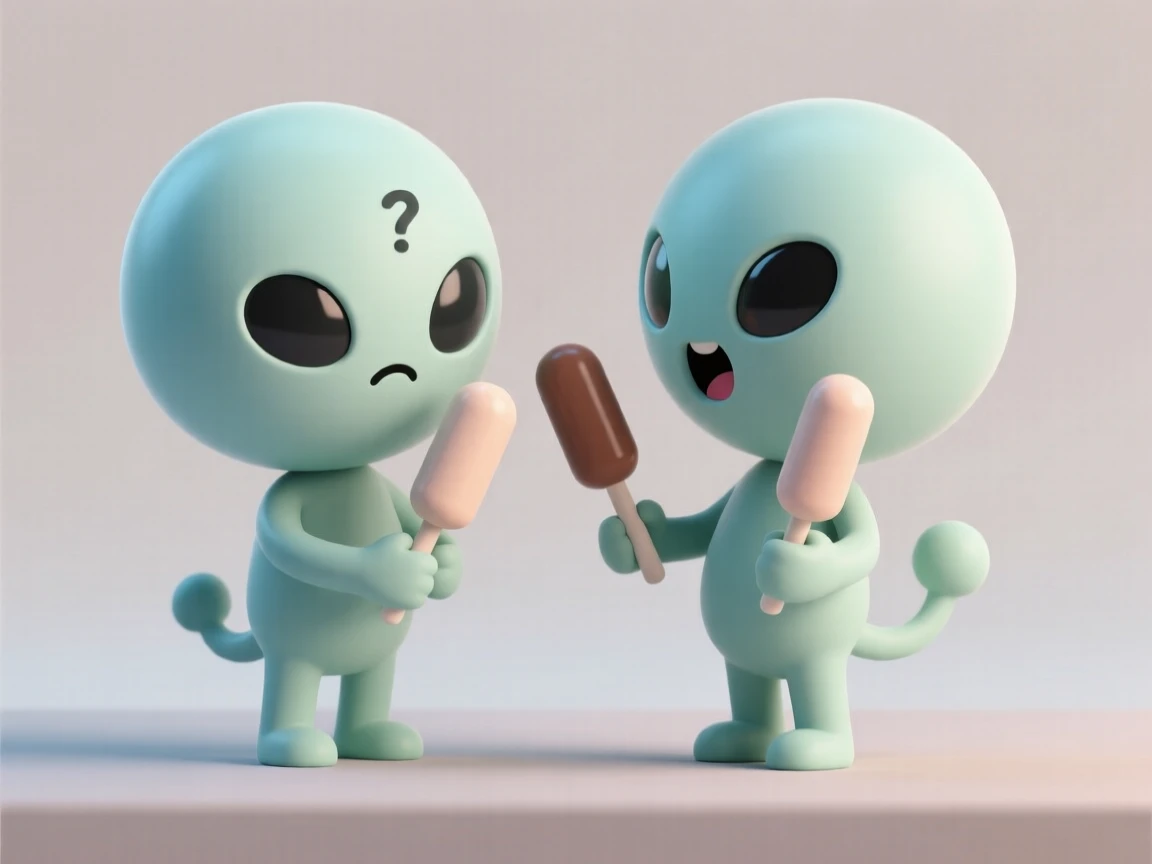 A curious two-headed alien creature argues playfully over which flavor of space candy to try first.