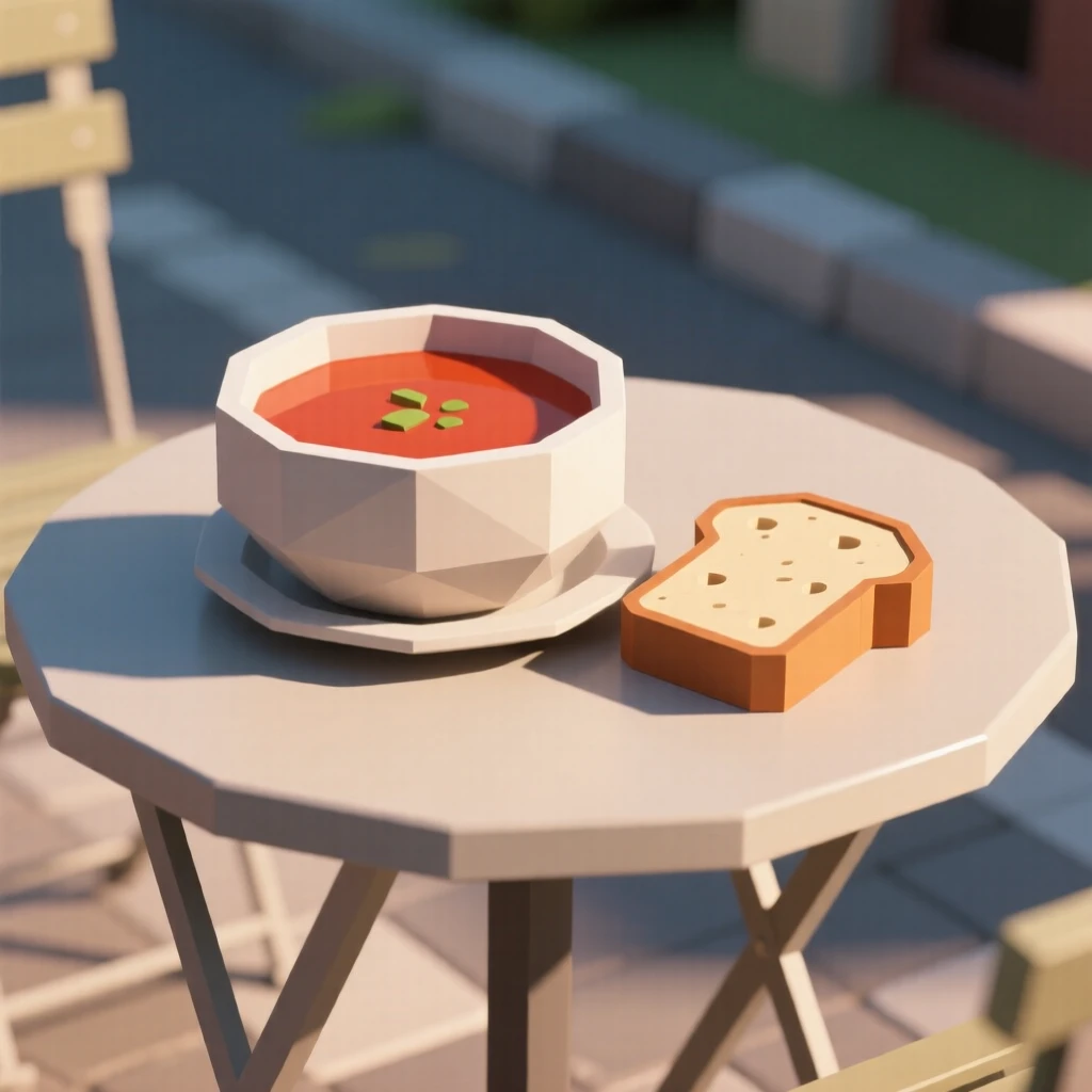A warm bowl of tomato soup with crusty bread, at an outdoor café table. soft natural light highlights rich textures and colors. A cozy, relaxed feeling fills the scene.
