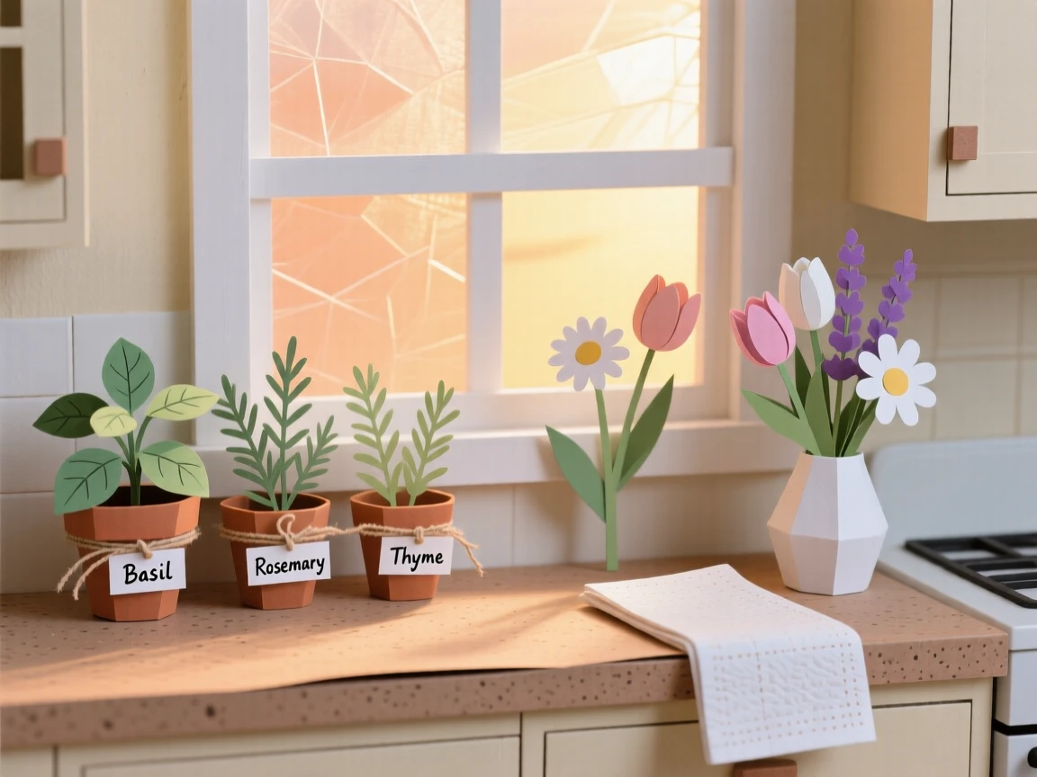 A sunlit kitchen with fresh herbs growing glowing warmly in the evening, with fresh flowers adding a touch of color, conveying gentle self-care and calm.