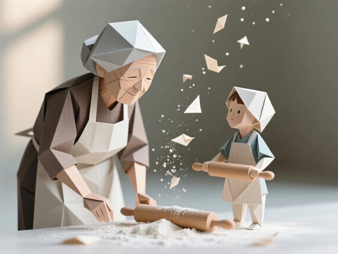 A grandmother and grandchild baking together, flour dust settling like snow between them.