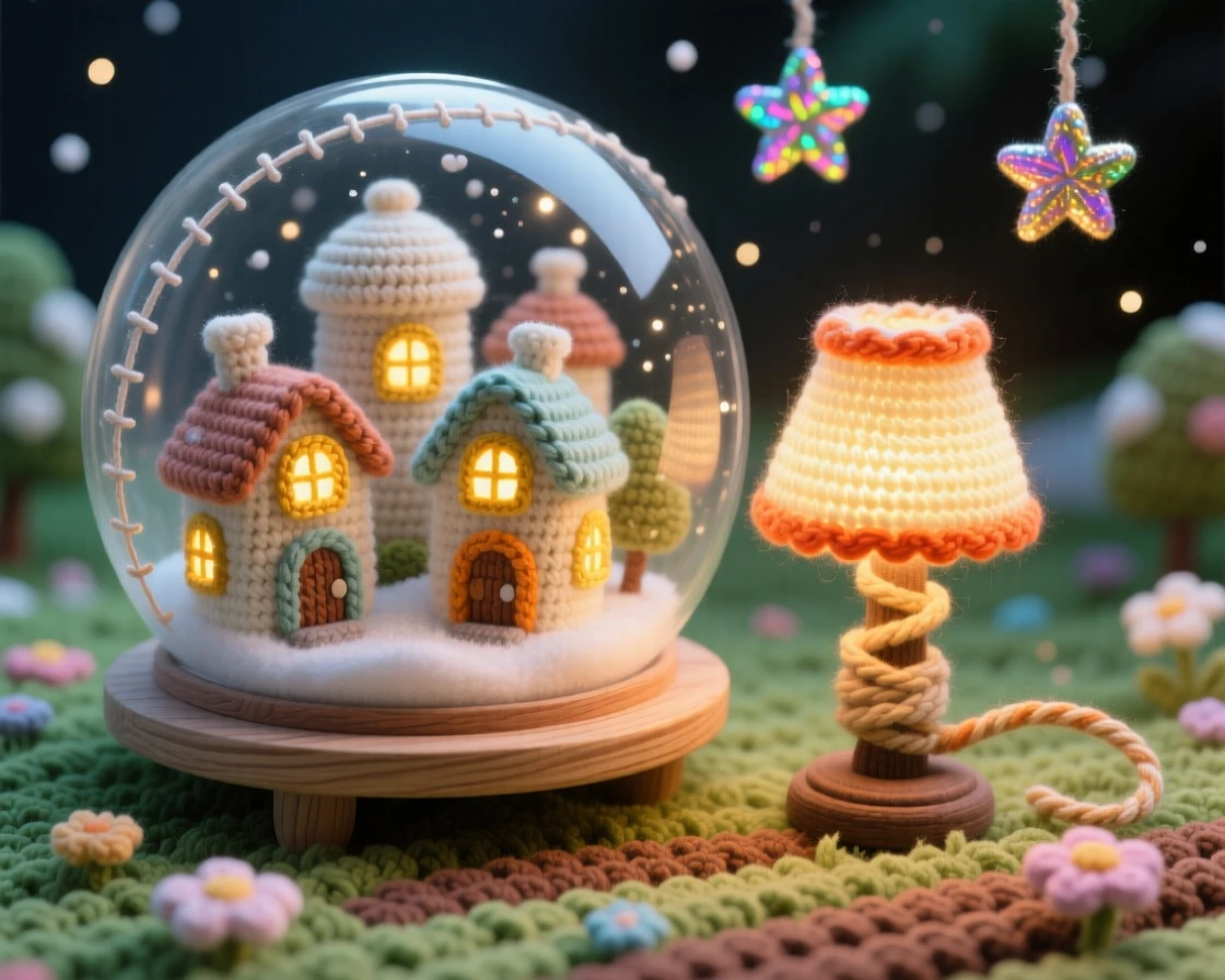 a miniature town built inside a giant snow globe, with tiny lit-up windows, is shown resting on a shelf beside a warm lamp, tucked within a quiet, dreamlike meadow, surrounded by a scattering of stardust in the air, radiating playful imagination brought to life.